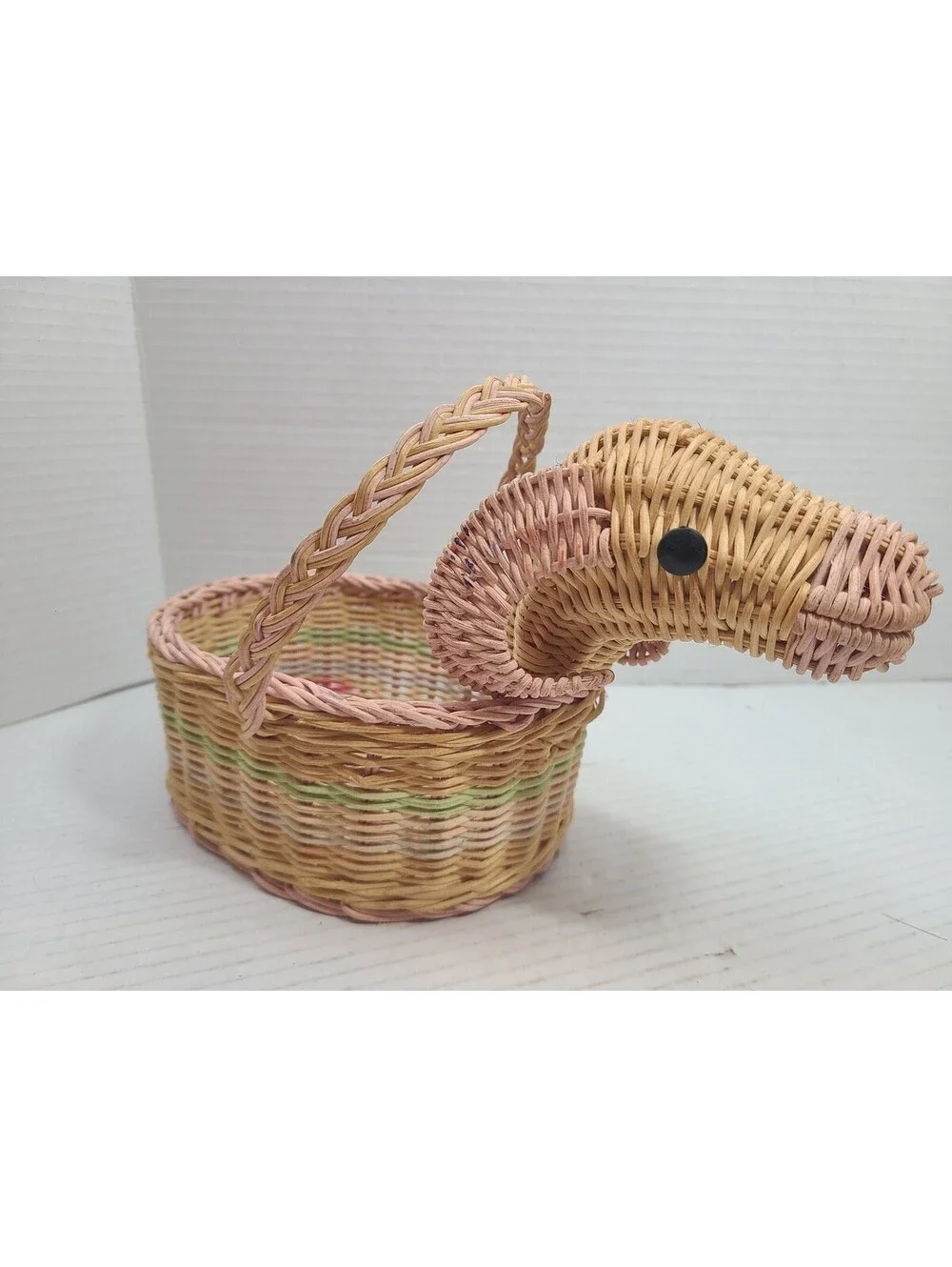 Vintage Goat Shaped Pastel Woven Wicker Basket
